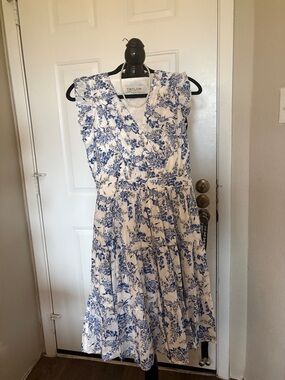 Taylor White Dress with Blue Floral Print and Ruffle Shoulders